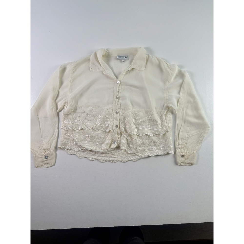 Johnny Was Embroidered‎ Floral Sheer  Blouse Top Size Small Ivory Pearl Color